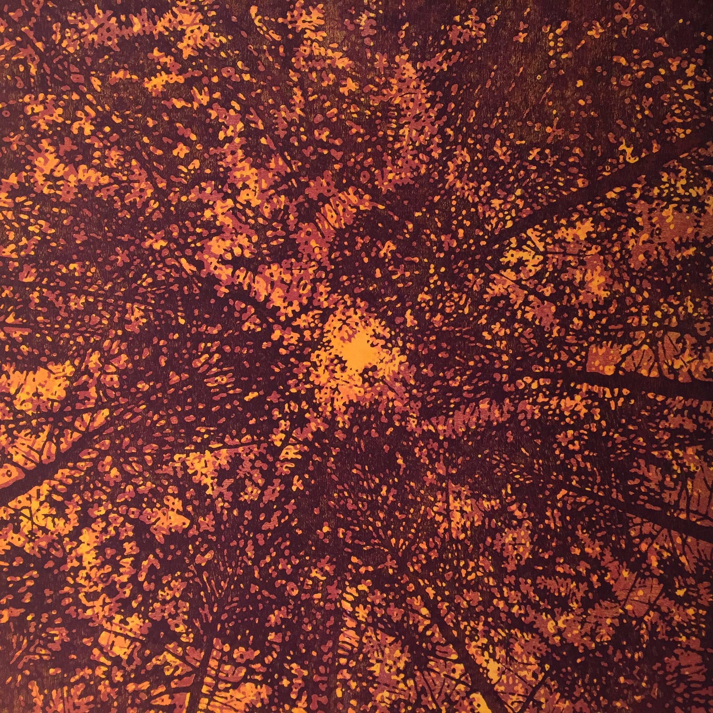 Eve Stockton Abstract Print - Woodland Skyscape variation 73, Forest Sky Woodcut Print in Shades of Orange