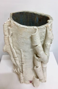 Untitled Birch Vase, Large White Paper Birch Tree Ceramic Vase, Teal Blue Glaze