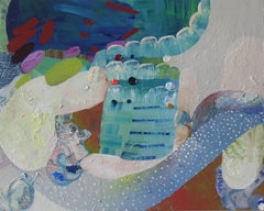 Sky Walk, Small Abstract Oil Painting in Blue, Green, White, Pink, Violet