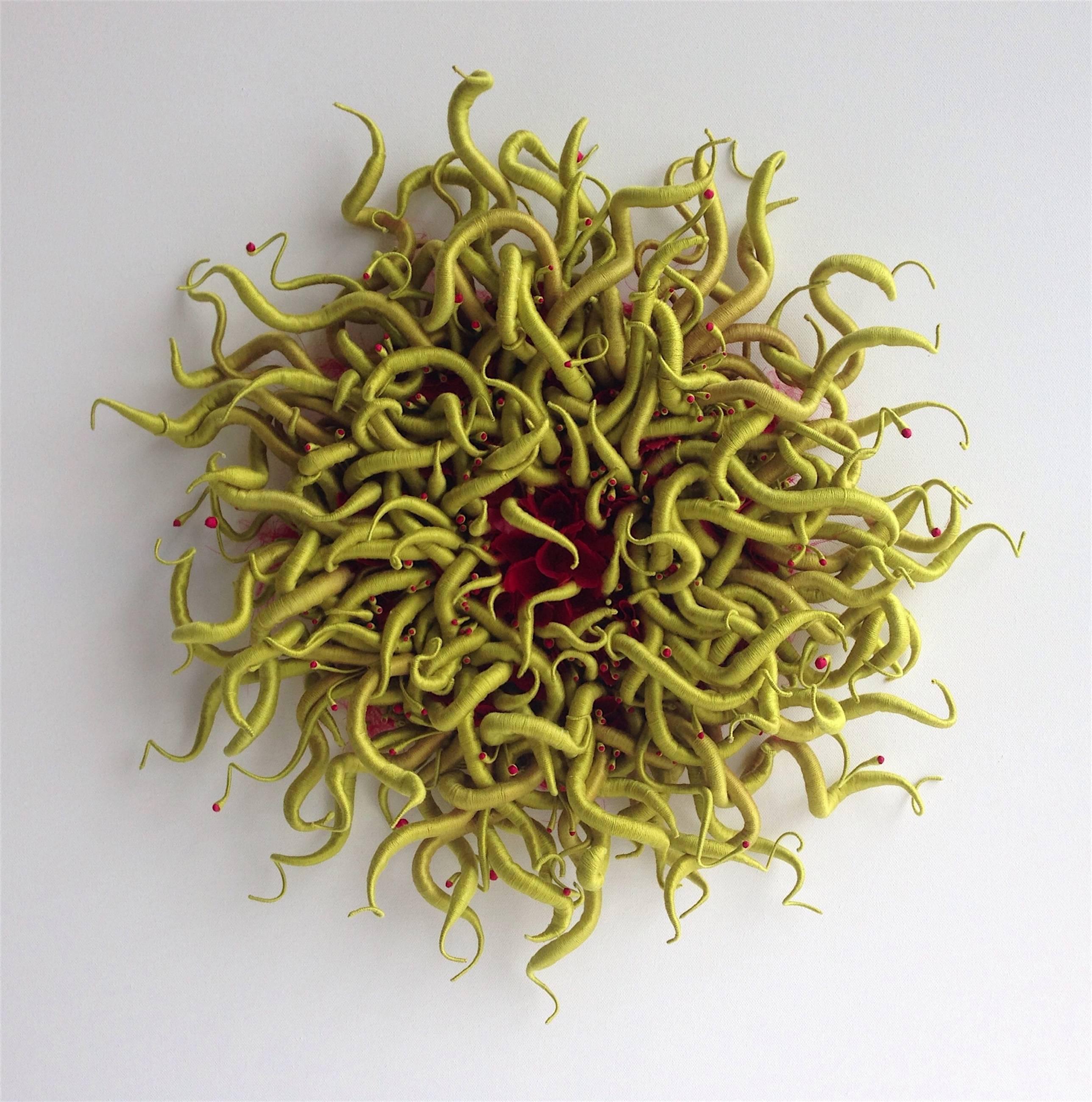Catherine Latson Abstract Sculpture - Specimen 3, Framed Green and Red Sea Nature Inspired Hand-dyed Fiber Sculpture