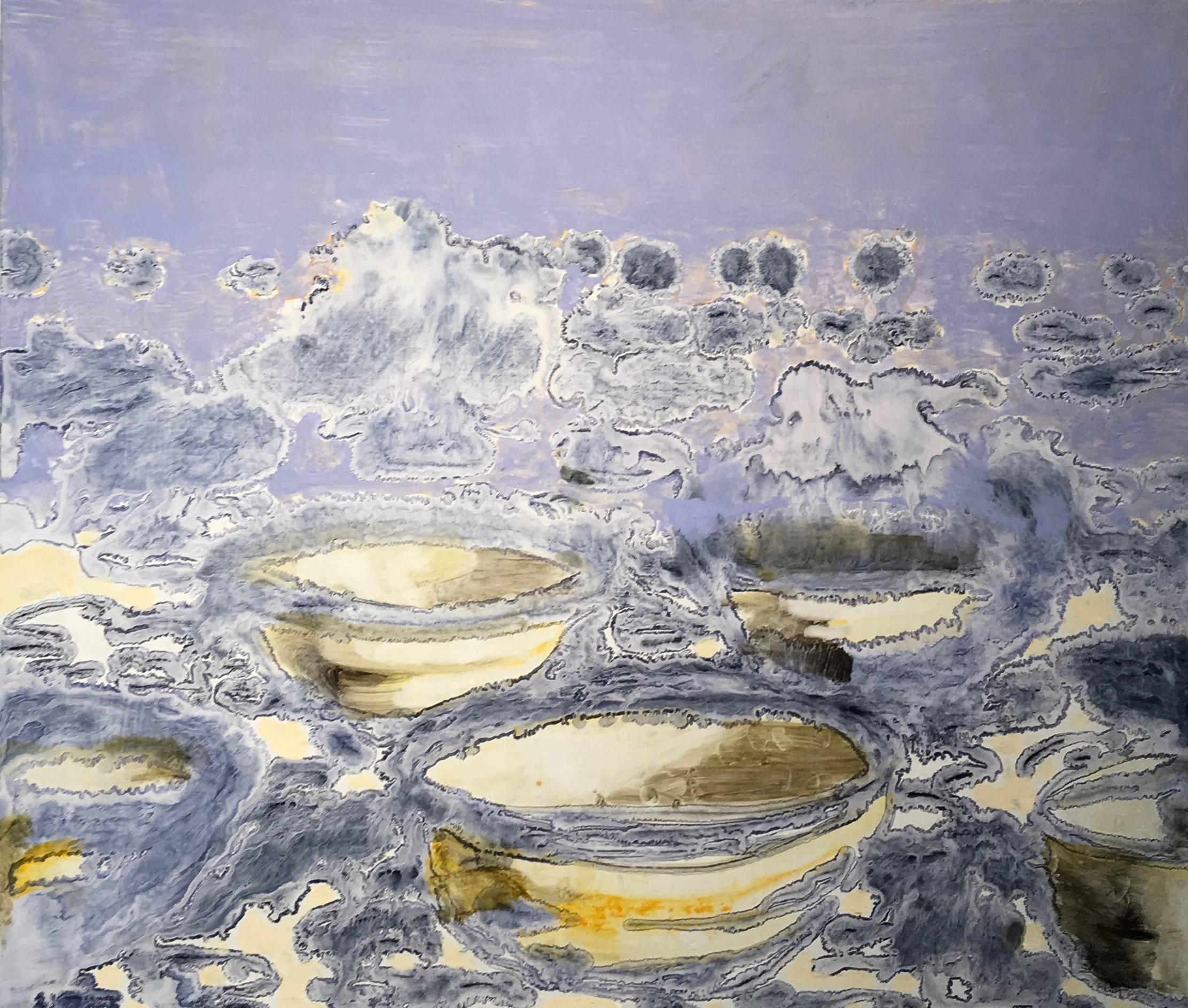 David Konigsberg Landscape Painting - Bowls, Serene Purple Landscape Oil Painting with White Clouds and Yellow Flowers