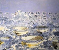 Bowls, Serene Purple Landscape Oil Painting with White Clouds and Yellow Flowers