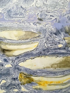 Bowls, Serene Purple Landscape Oil Painting with White Clouds and Yellow Flowers