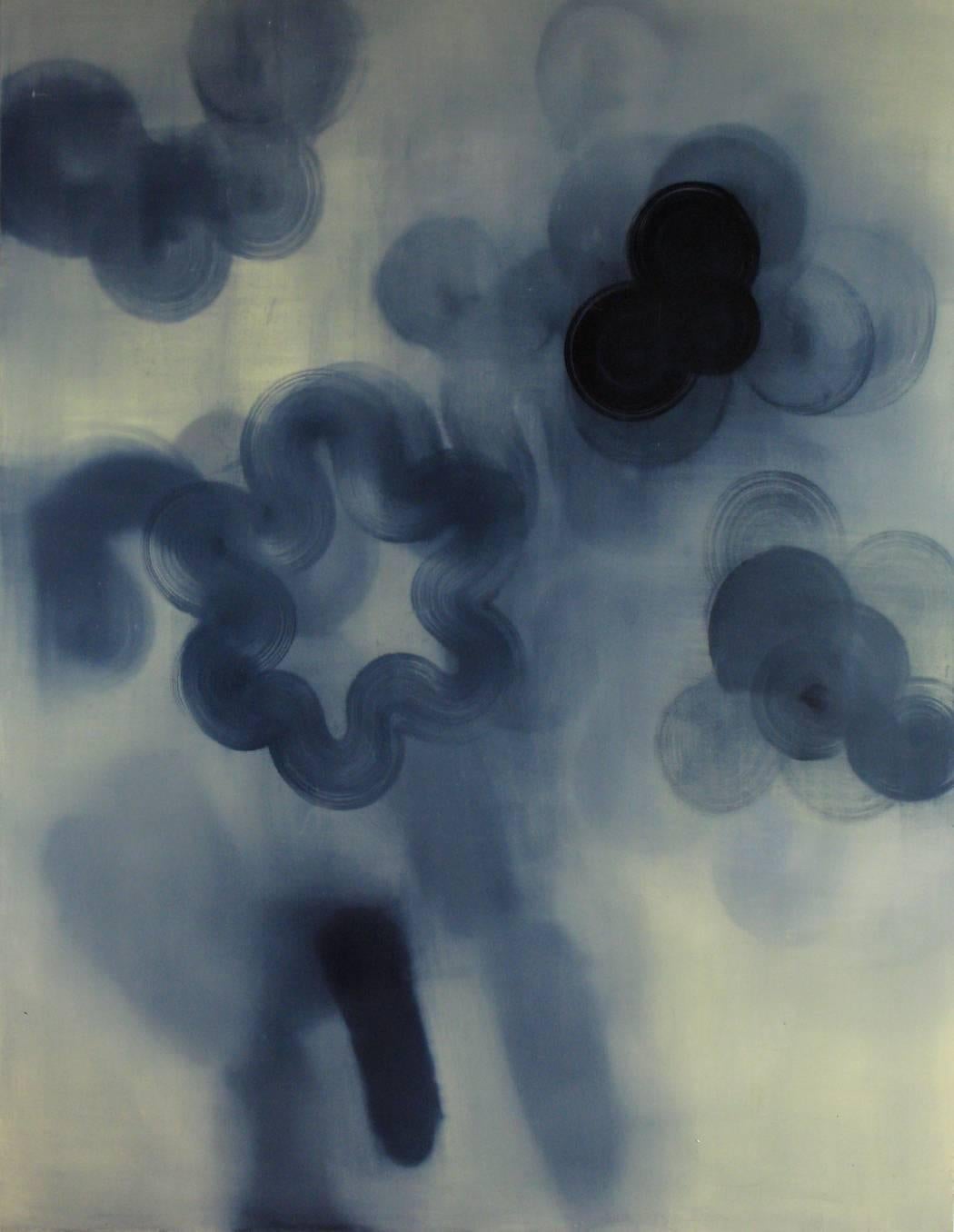 Margaret Neill Abstract Painting - Early Riser, Large Luminous Vertical Abstract Blue Soft Shapes Light Gray
