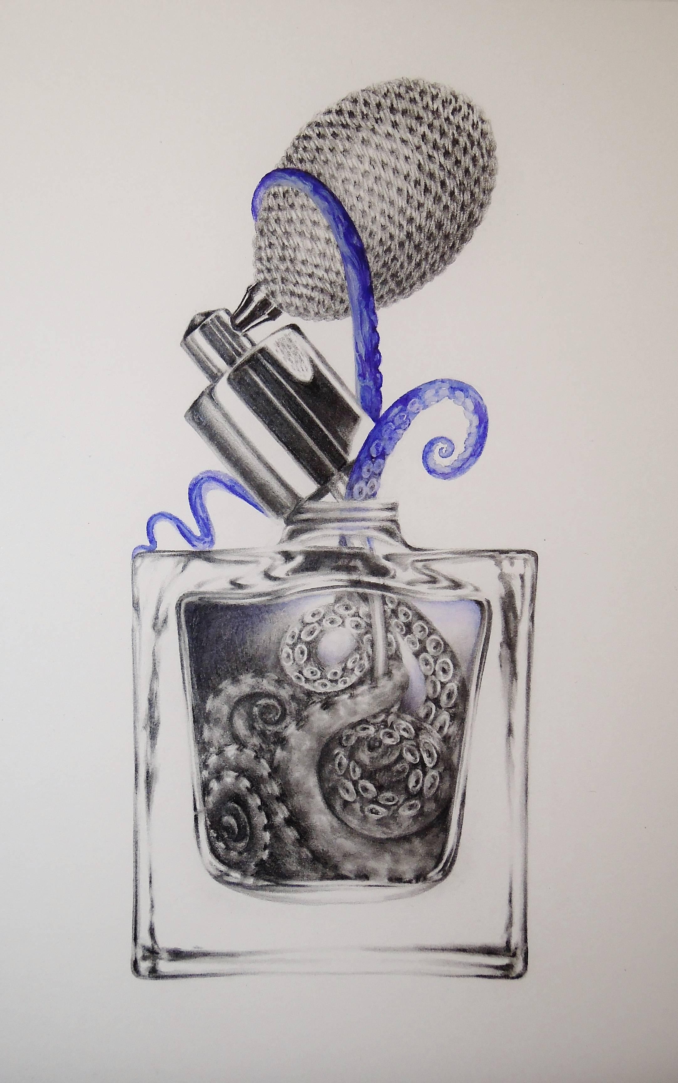 Francine Fox Animal Art - Perfume No. Two, Drawing, Watercolor of Purple Octopus, Glass Perfume Bottle
