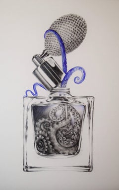 Perfume No. Two, Drawing, Watercolor of Purple Octopus, Glass Perfume Bottle