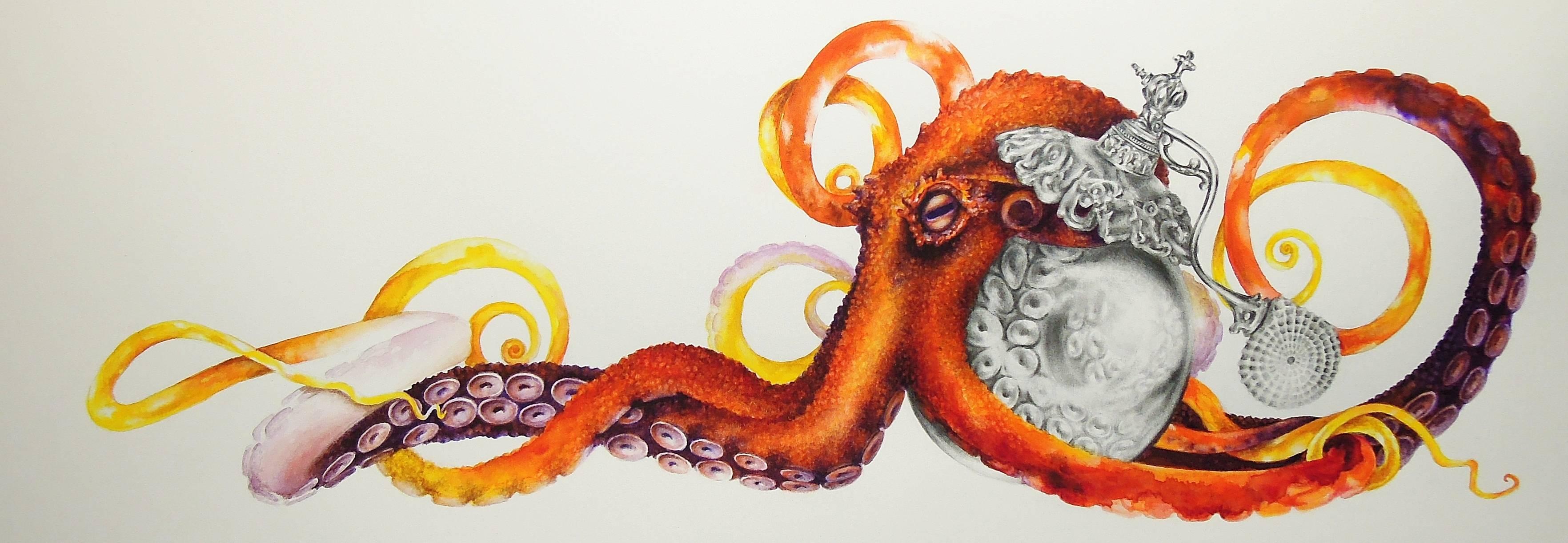 Francine Fox Animal Art - Perfume No. One, Drawing of Orange, Red Octopus and Perfume Bottle on White