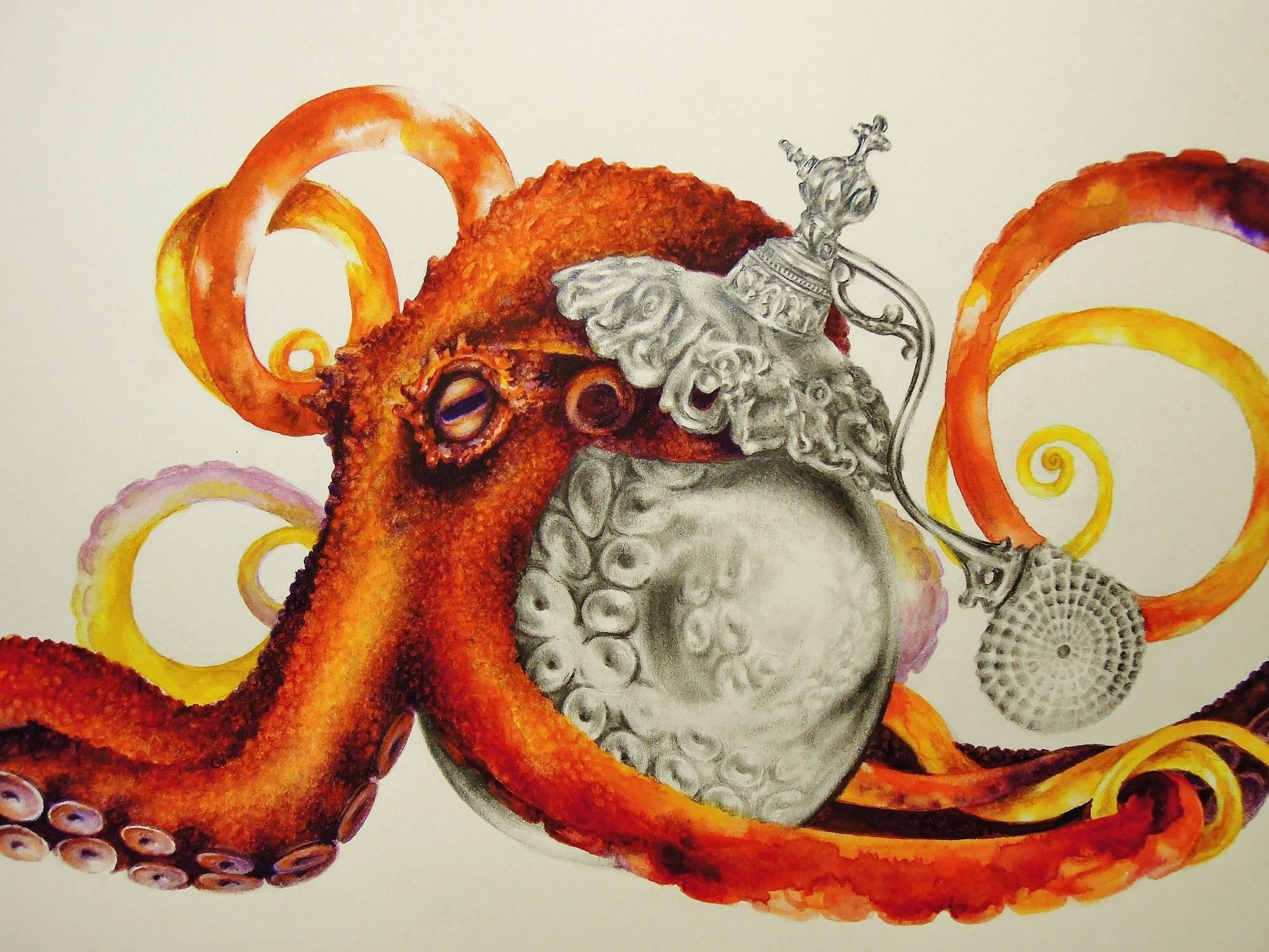 Perfume No. One, Drawing of Orange, Red Octopus and Perfume Bottle on White - Art by Francine Fox