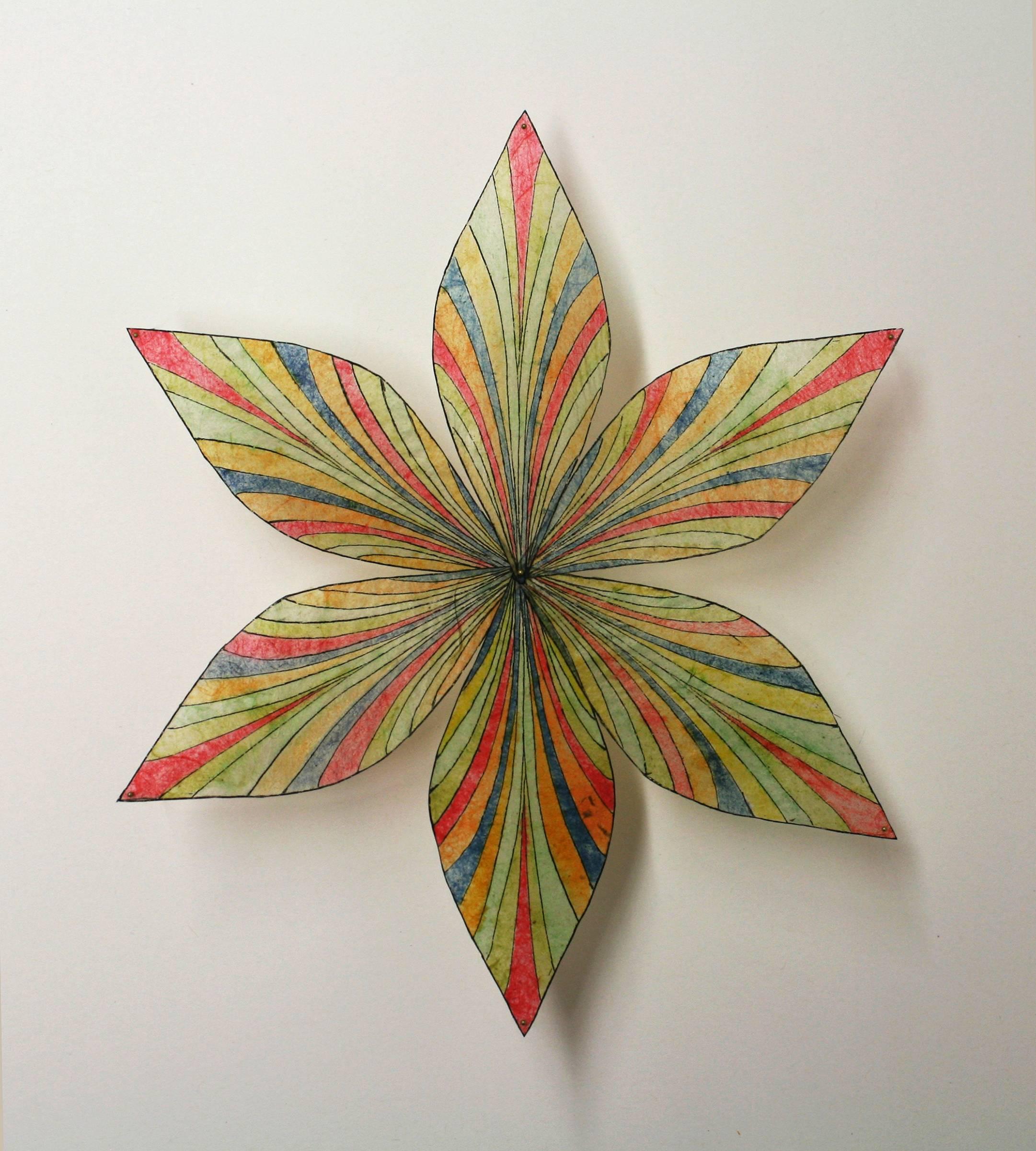 Jill Parisi Abstract Sculpture - Shooting Star, Pinned Paper Flower in Light Green, Blue-Grey, Light Orange, Red