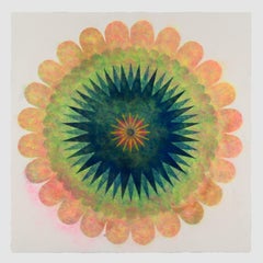 Pop Flower 72, Bright Green, Light Peach Pink Mandala with Navy Blue and Yellow