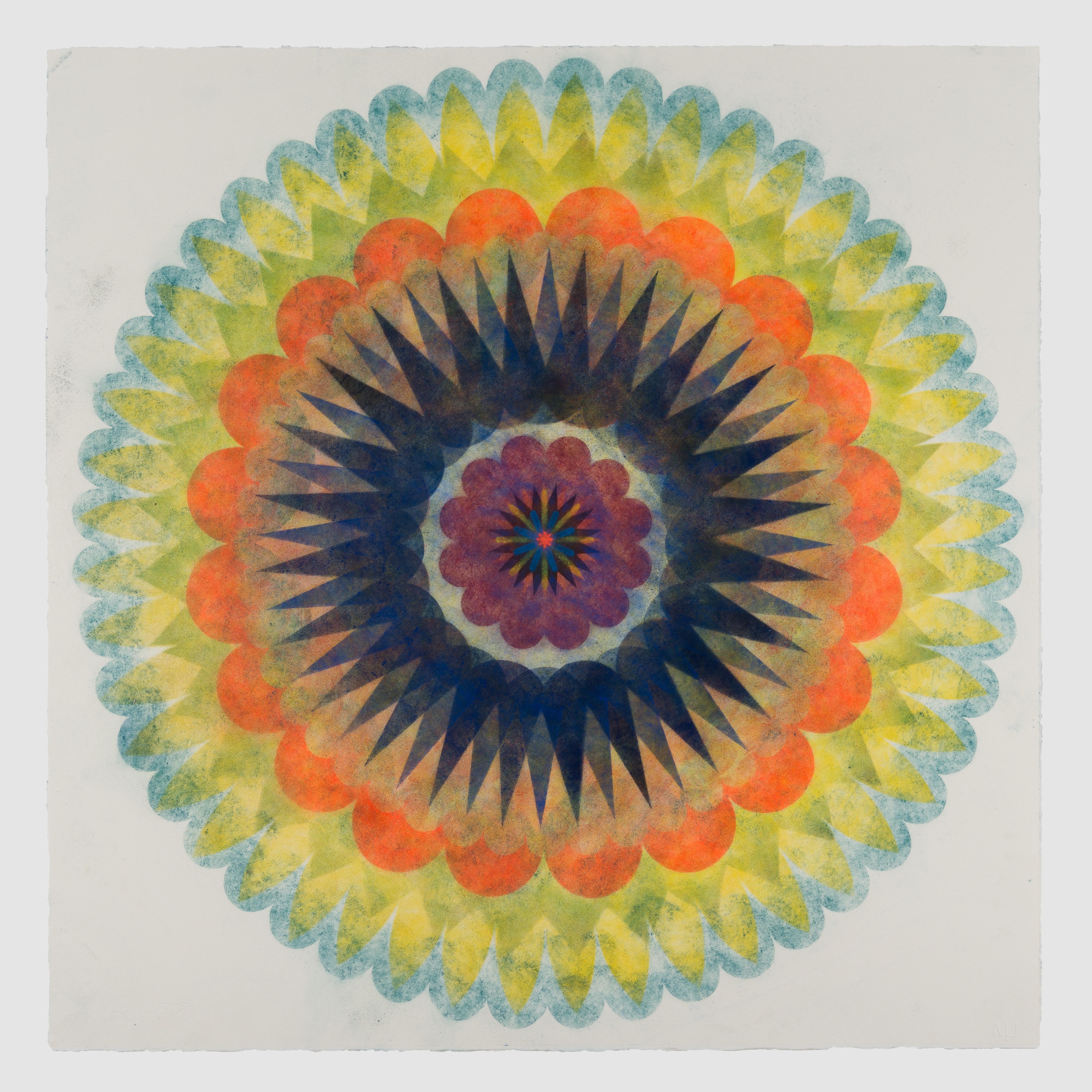 Mary Judge Abstract Drawing - Pop Flower 69, Bright Green, Teal Blue Mandala with Orange, Maroon and Navy