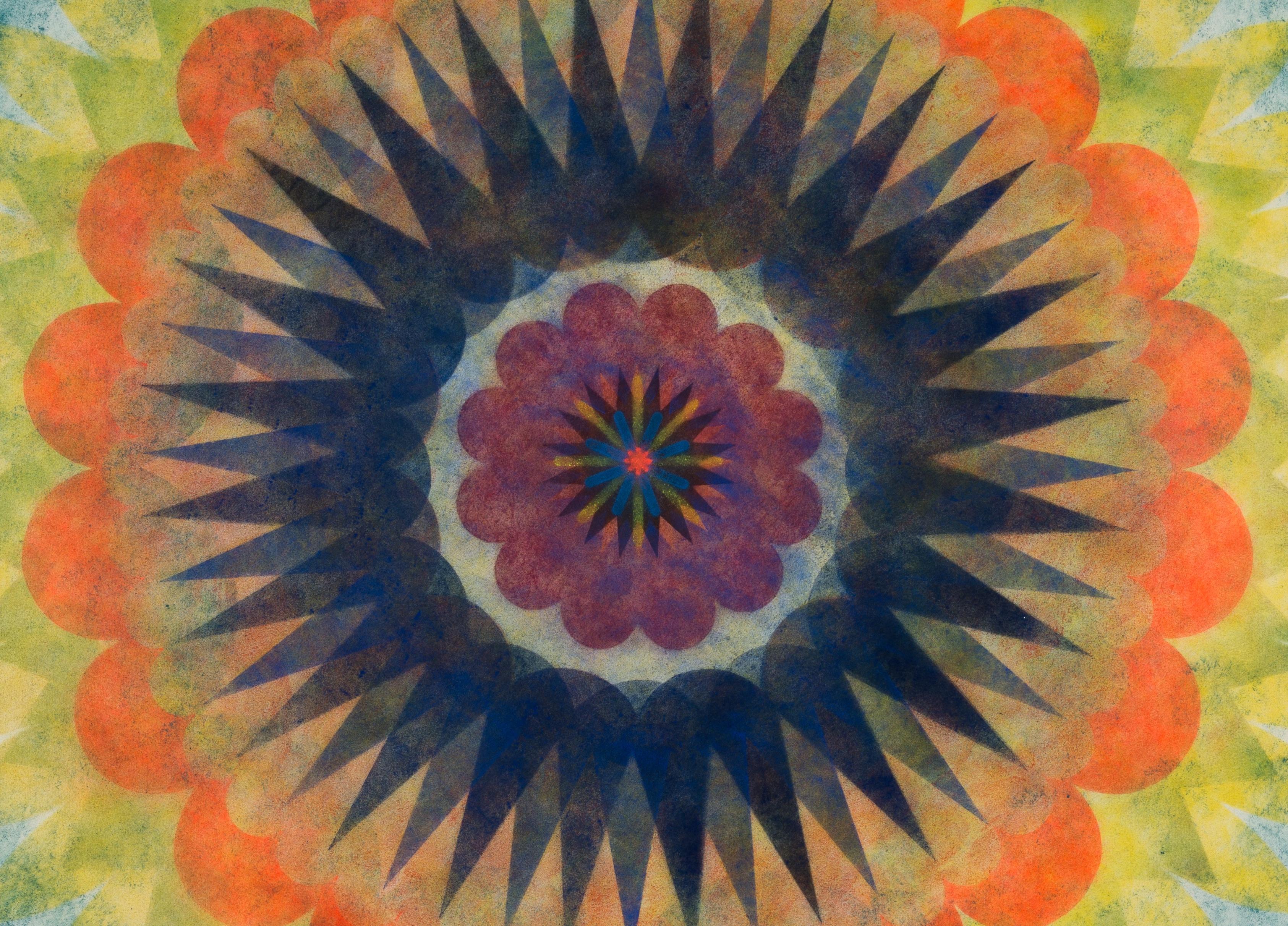 Pop Flower 69, Bright Green, Teal Blue Mandala with Orange, Maroon and Navy - Contemporary Art by Mary Judge