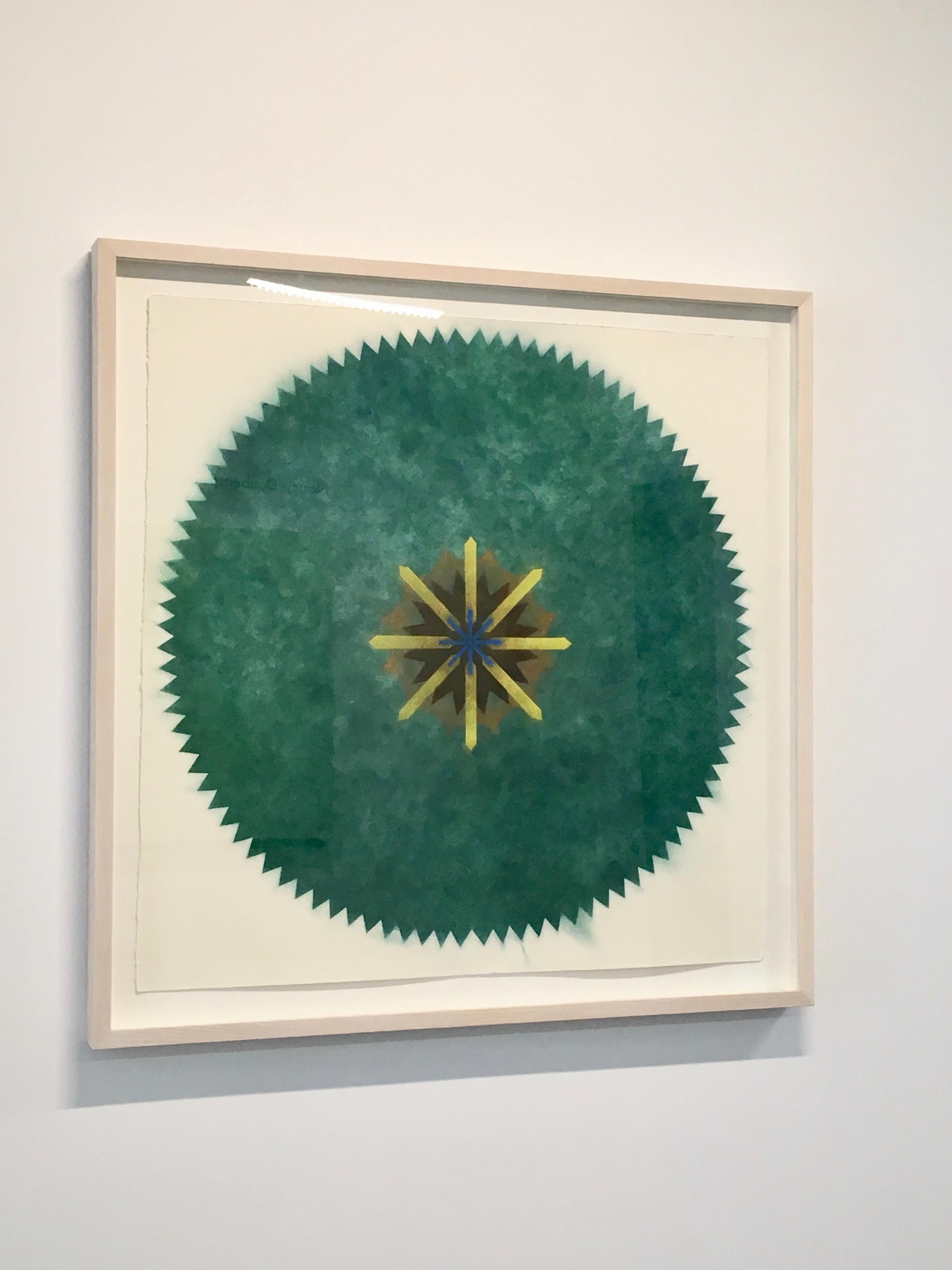 Pop Flower 51A-B, Mandala in Green, Brown, Yellow, Blue Powdered Pigment - Contemporary Art by Mary Judge