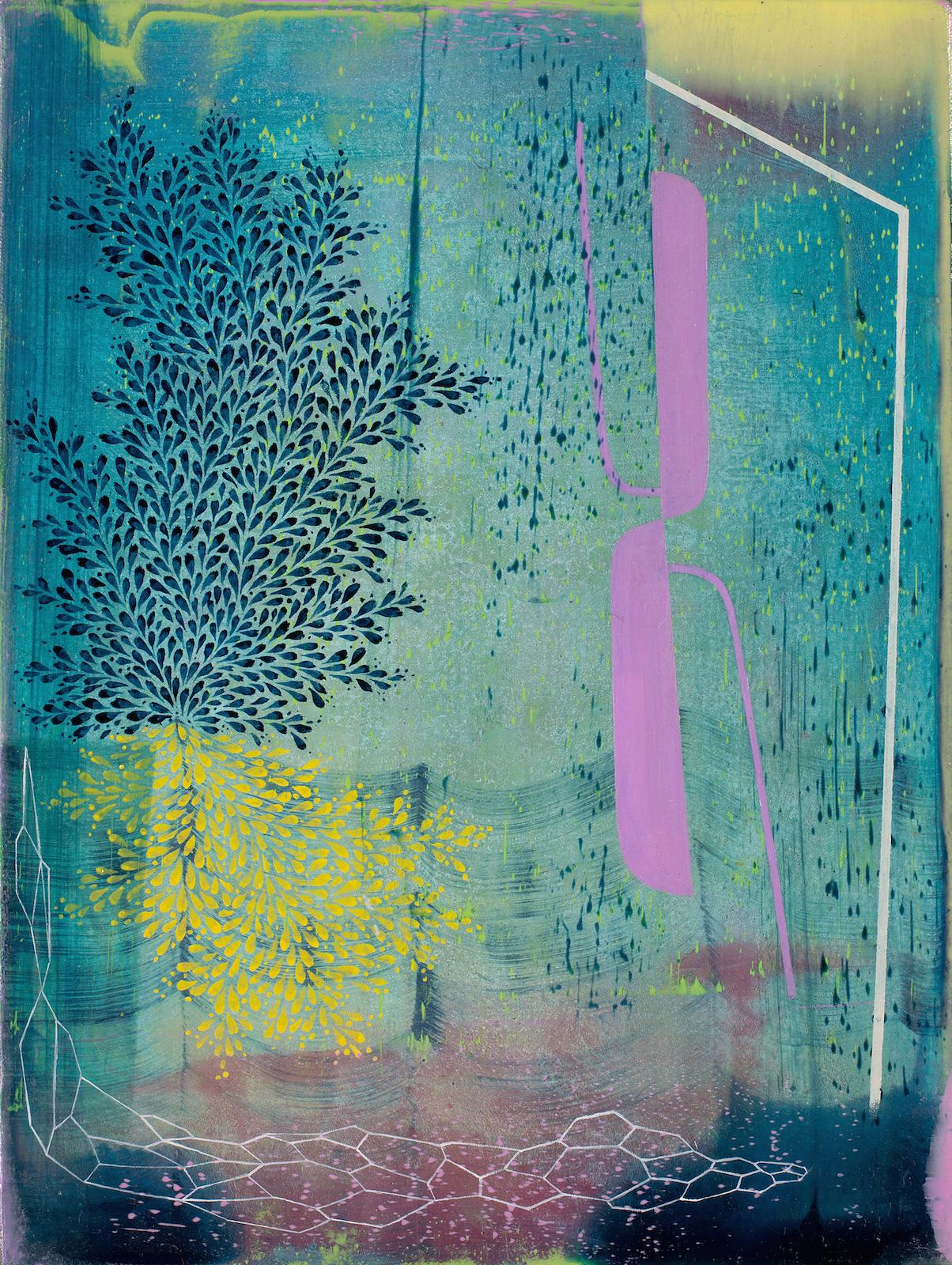 Gabe Brown Abstract Painting - Ash Grove, Vertical Abstract Landscape in Teal Blue, Navy, Purple and Yellow
