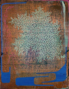 Night Climb, Small Vertical Blue Brown Abstract Natural Landscape on Linen