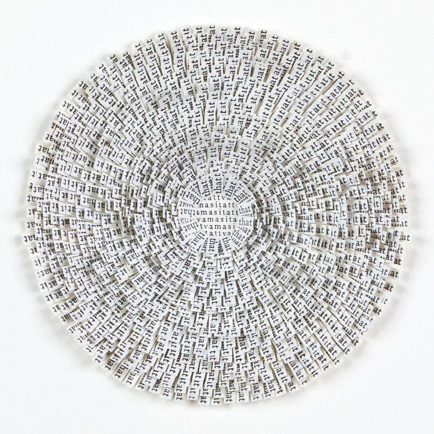 That, Circle of Cut Letters Collage of Text and Words on White Paper - Contemporary Mixed Media Art by Meg Hitchcock
