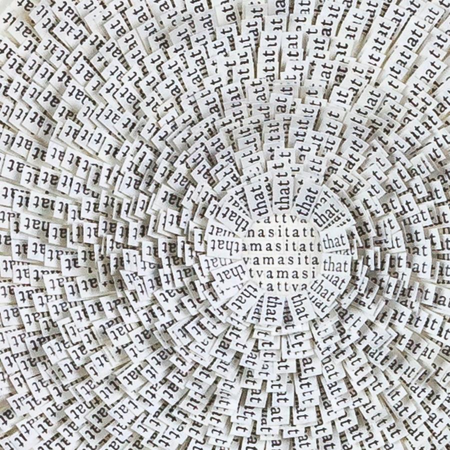 This meditative and intricate collage by Meg Hitchcock is comprised of letters cut from the Chandogya Upanishad. The word 