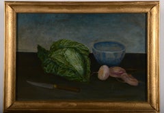 Stillleben mit Kohl, Radieschen und blauer Schale, Öl auf Holztafel, gerahmt