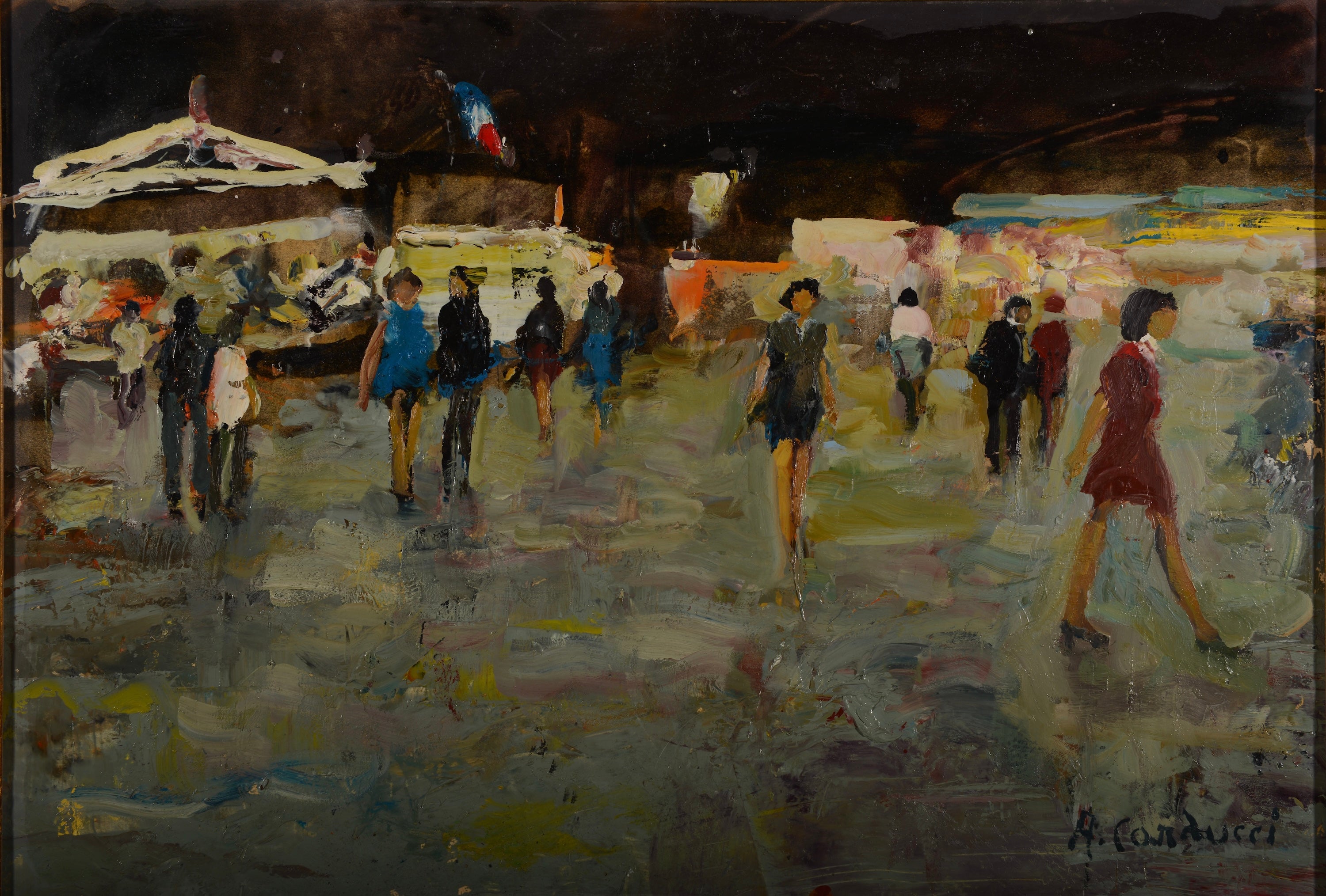 Night at the Fair Oil on Board, Mid-Century Modernist Scene