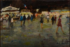 Nacht auf dem Jahrmarkt – Figuren, die durch einen beleuchteten Jahrmarkt schlendern