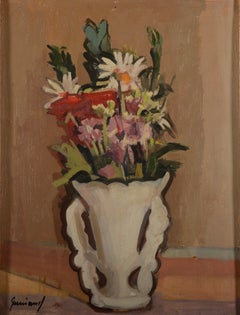 Mid-Century Modernist Still Life with Flowers in White Vase, Oil Painting