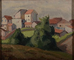 Mid-Century Modernist Village Landscape, Signed Oil Painting