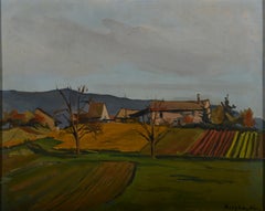 Mid-Century Modernist Rural Landscape with Fields and Farmhouses, Oil Painting