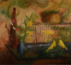 Yellow Birds and Flowers – J.J. Boimond, Mid-Century Modern Still Life