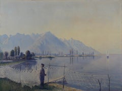 Fisherman with Nets at Villeneuve, Lake Geneva – Swiss School, Late 19th Century