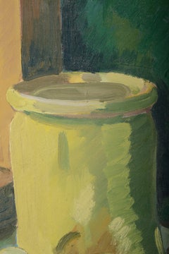 Green Still Life with Apples, Mid-Century Modernist Oil Painting