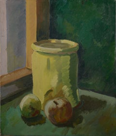 Green Still Life with Apples, Mid-Century Modernist Oil Painting