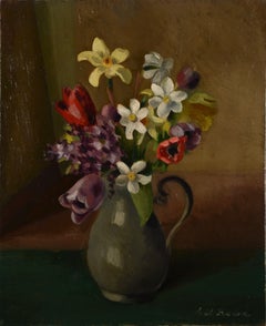 Fiori primaverili in una brocca grigia, natura morta floreale post-impressionista