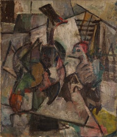 Two Birds in a Fragmented Landscape, Mid-Century Modernist Painting