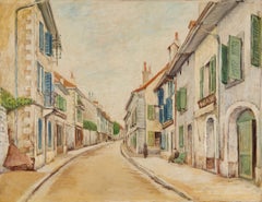Post-Impressionist French Village Street Scene with Colorful Shutters