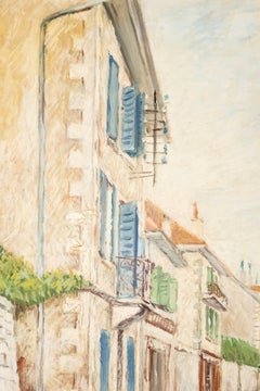 Post-Impressionist French Village Street Scene with Colorful Shutters