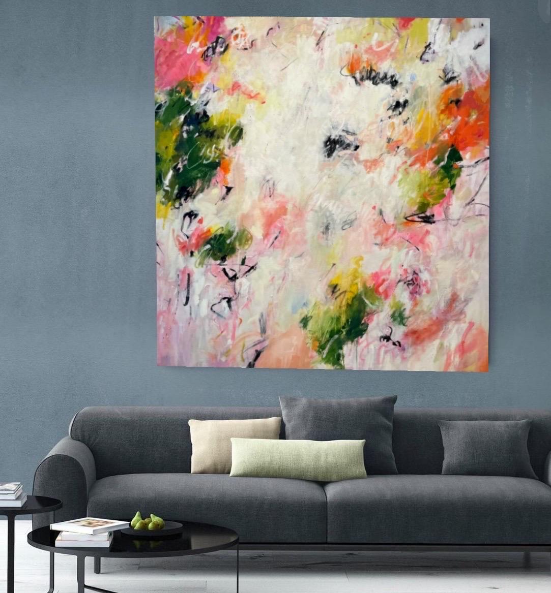 Large abstract original painting in pinks and soft green titled 'Her Wild Heart' For Sale 2