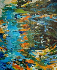 Impressionist abstract painting in vivid blues, oranges and greens