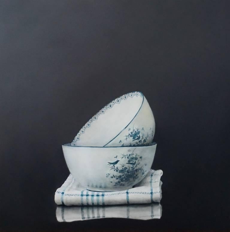 Stack of two Delftware Bowls, still life painting 	 - Art by Gershom