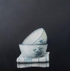 Stack of two Delftware Bowls, still life painting 	