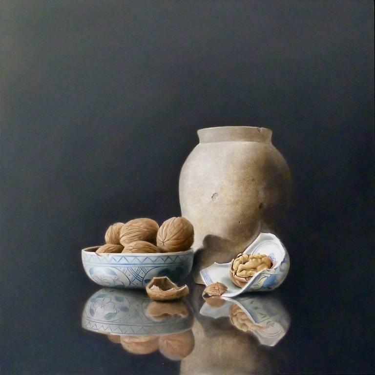 Pot, Delft Blue Bowl, and Walnuts, still-life painting - Art by Gershom