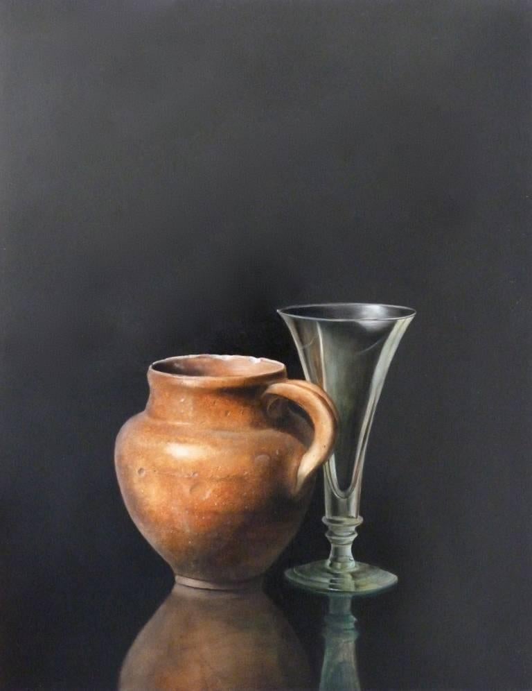 Spanish Jar with Champagne Glass, still life painting  - Art by Gershom