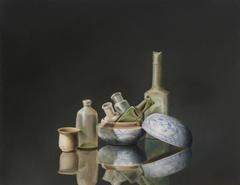 Antique Glass and Pottery, still life painting 