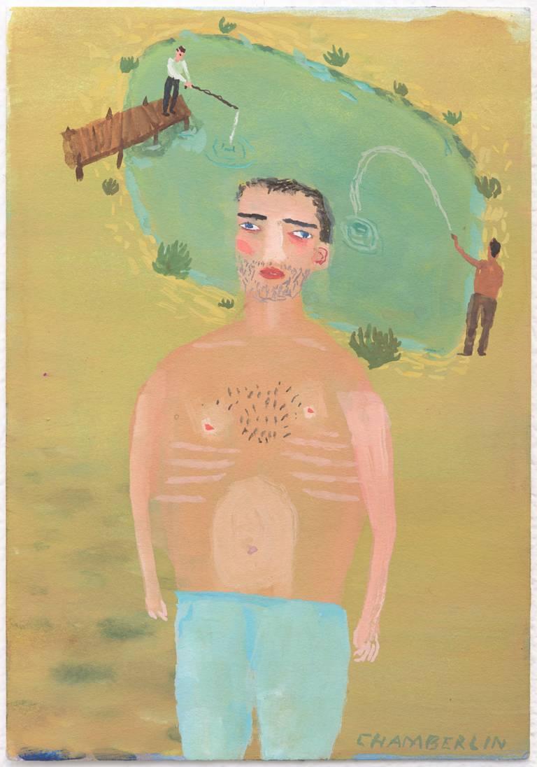 Ann Chamberlin Portrait Painting – Man with his Head in a Pond, gouache painting 
