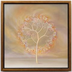Depression Glass Tree, oil painting on wood panel