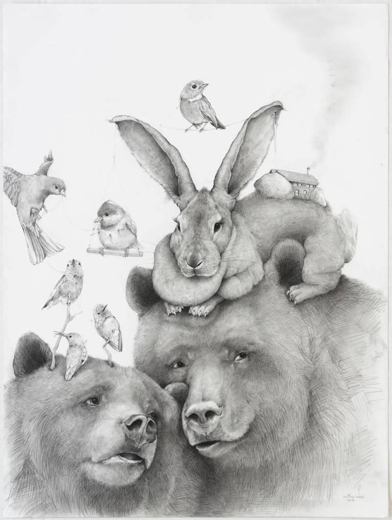 Adonna Khare Animal Art - Momma Bear, carbon pencil portrait of bears with birds and bunny 