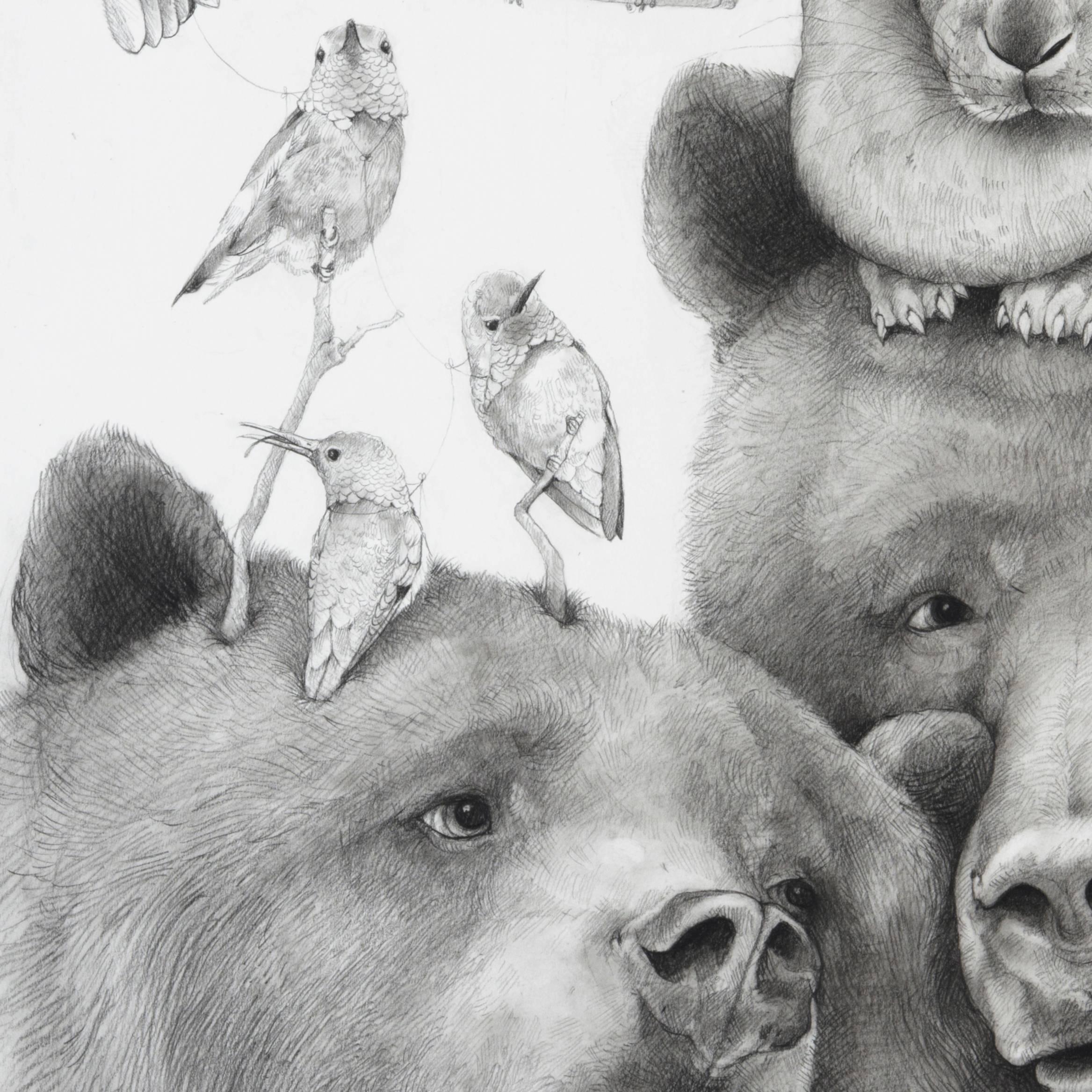 Momma Bear, carbon pencil portrait of bears with birds and bunny  - Art by Adonna Khare