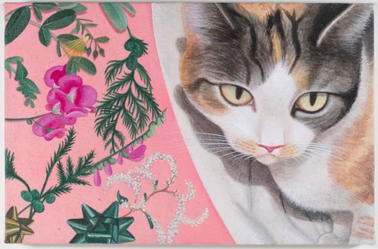 Rashell George Animal Painting - Calico and Flowers, acrylic painting