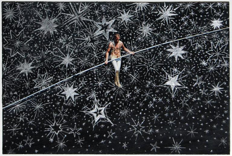 Rashell George Figurative Painting - Skywalker, acrylic and graphite on postcard