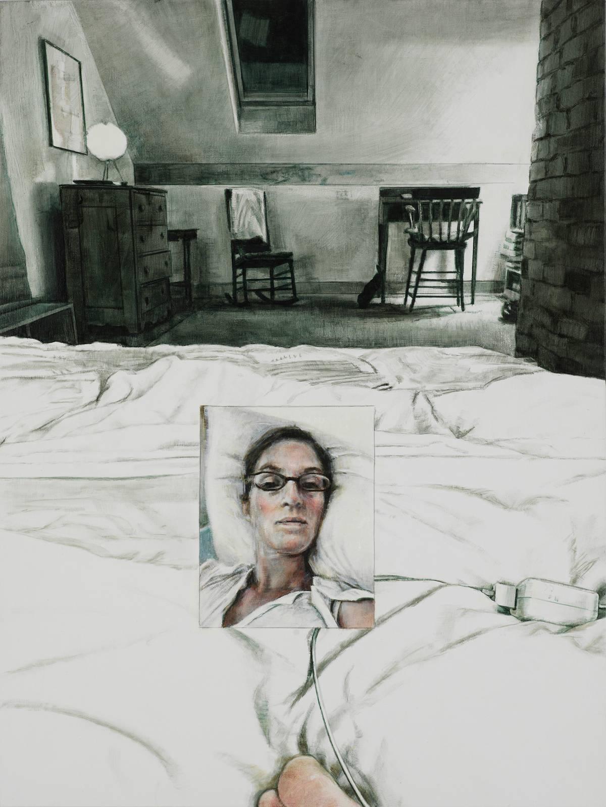 Laura Karetzky Figurative Painting - Embedded Housebed, oil painting on wood 