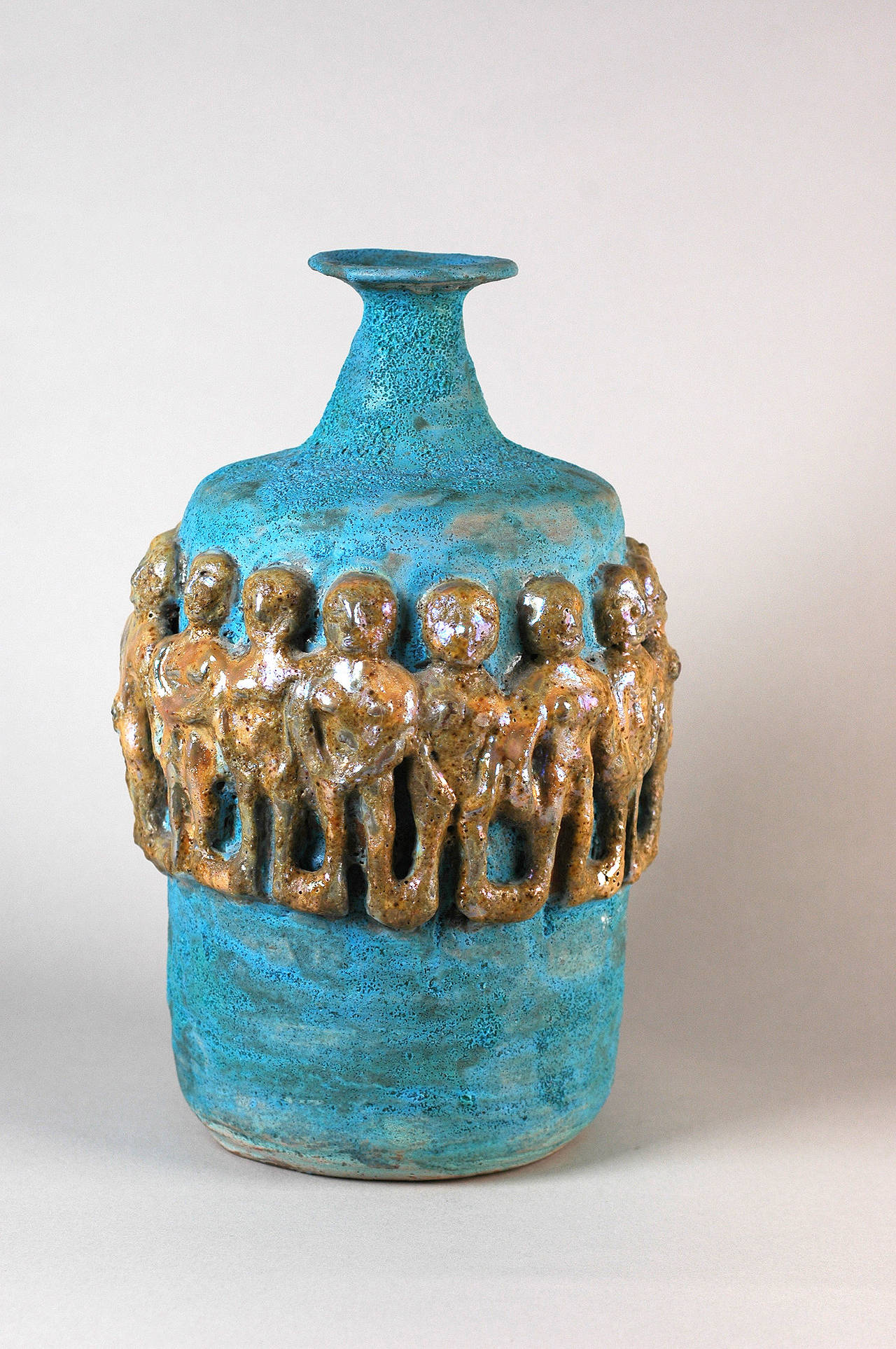 Beatrice Wood Figurative Sculpture - Matte Turquoise Bottle with Gold Lustre Figures